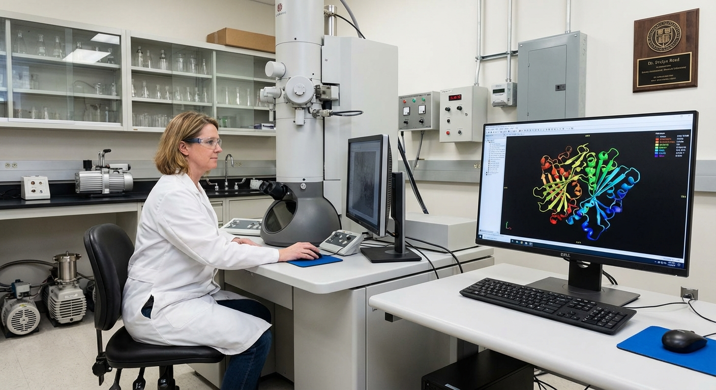 Structural biologist at cryo-electron microscope with protein model on monitor
