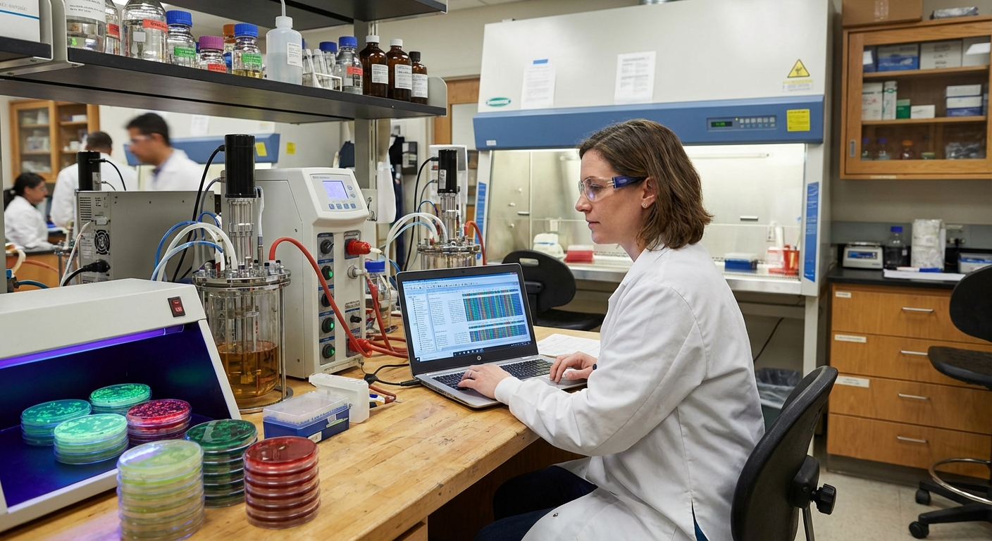 Molecular biology researcher designing genetic circuits at lab bench
