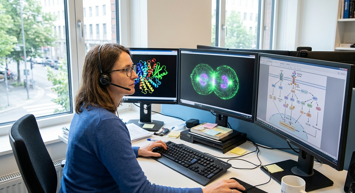 Computational biologist running virtual cell simulations on multi-monitor workstation