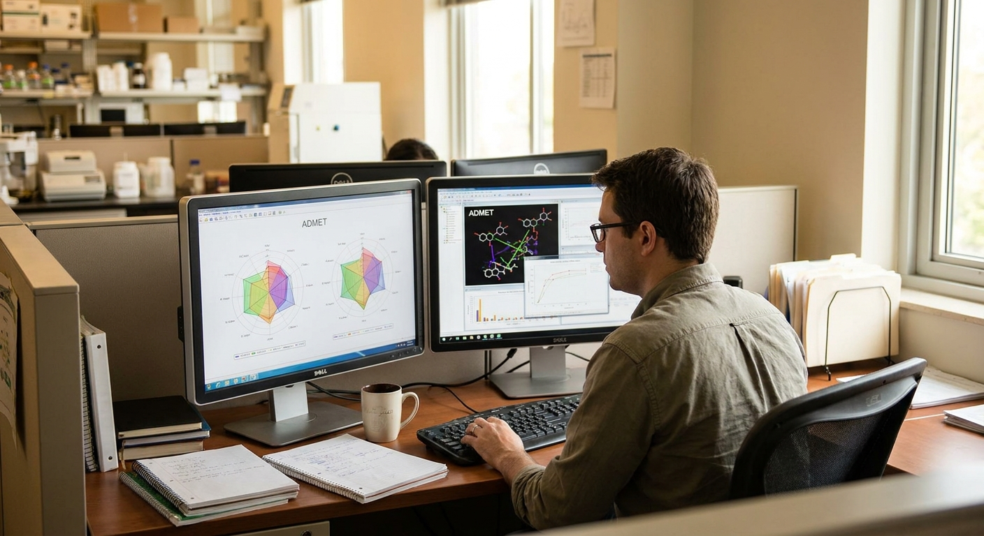 Researcher at dual monitors analyzing molecular data for drug discovery ADMET screening