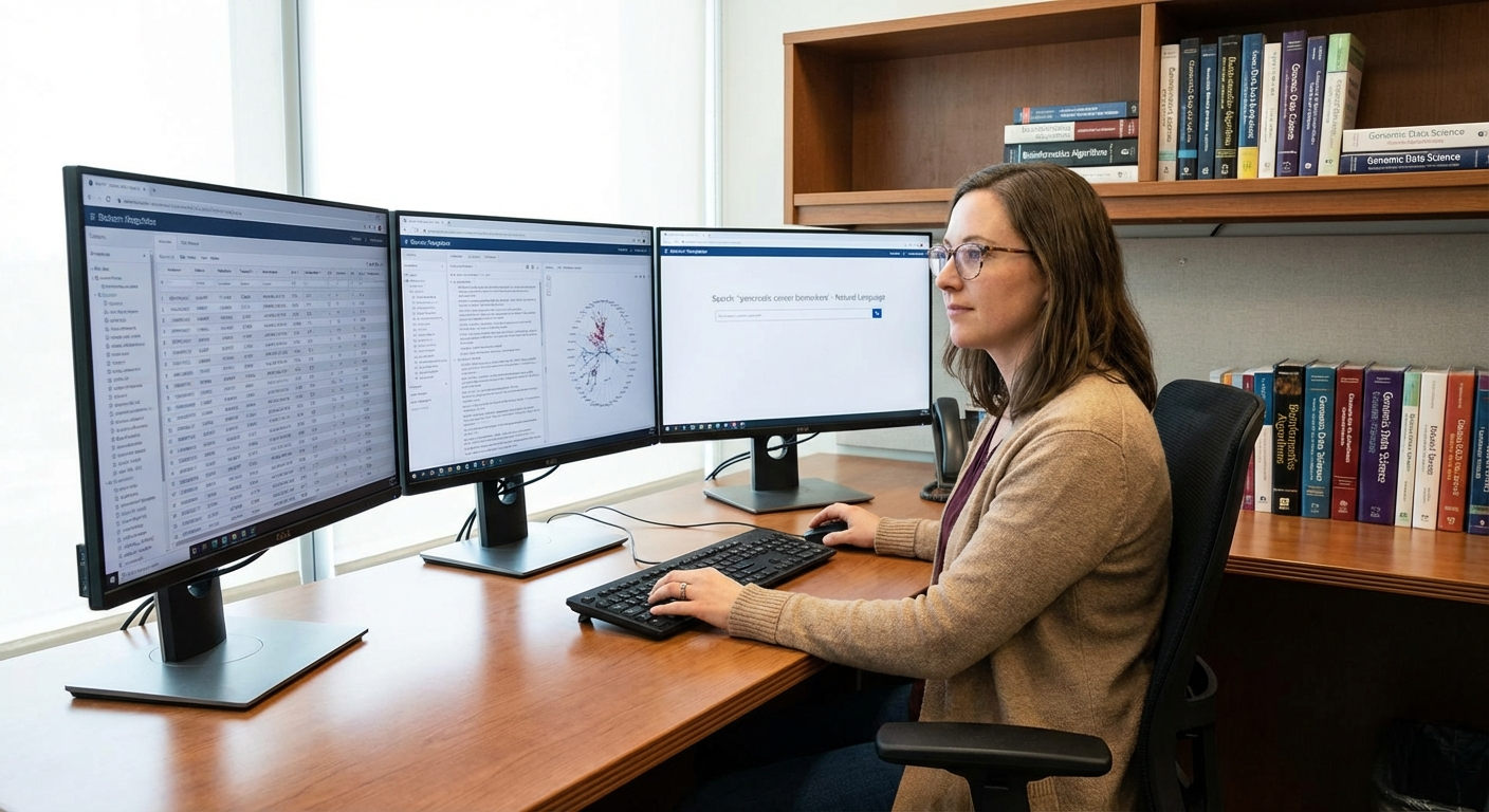 A researcher reviewing data on multiple monitors